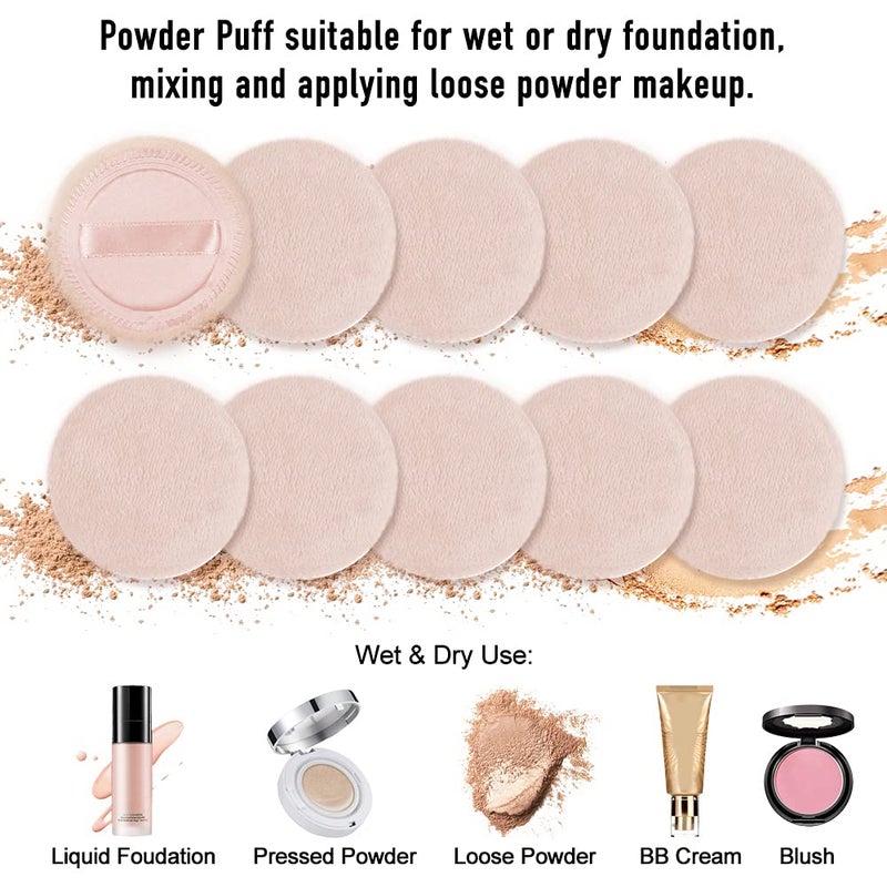 LOOKSEVEN 10pcs Powder Puff Cotton Cosmetic Face Makeup Powder Puffs Pads with Ribbon for Loose and Foundation 2.36 inch. (Beige) - Image 2